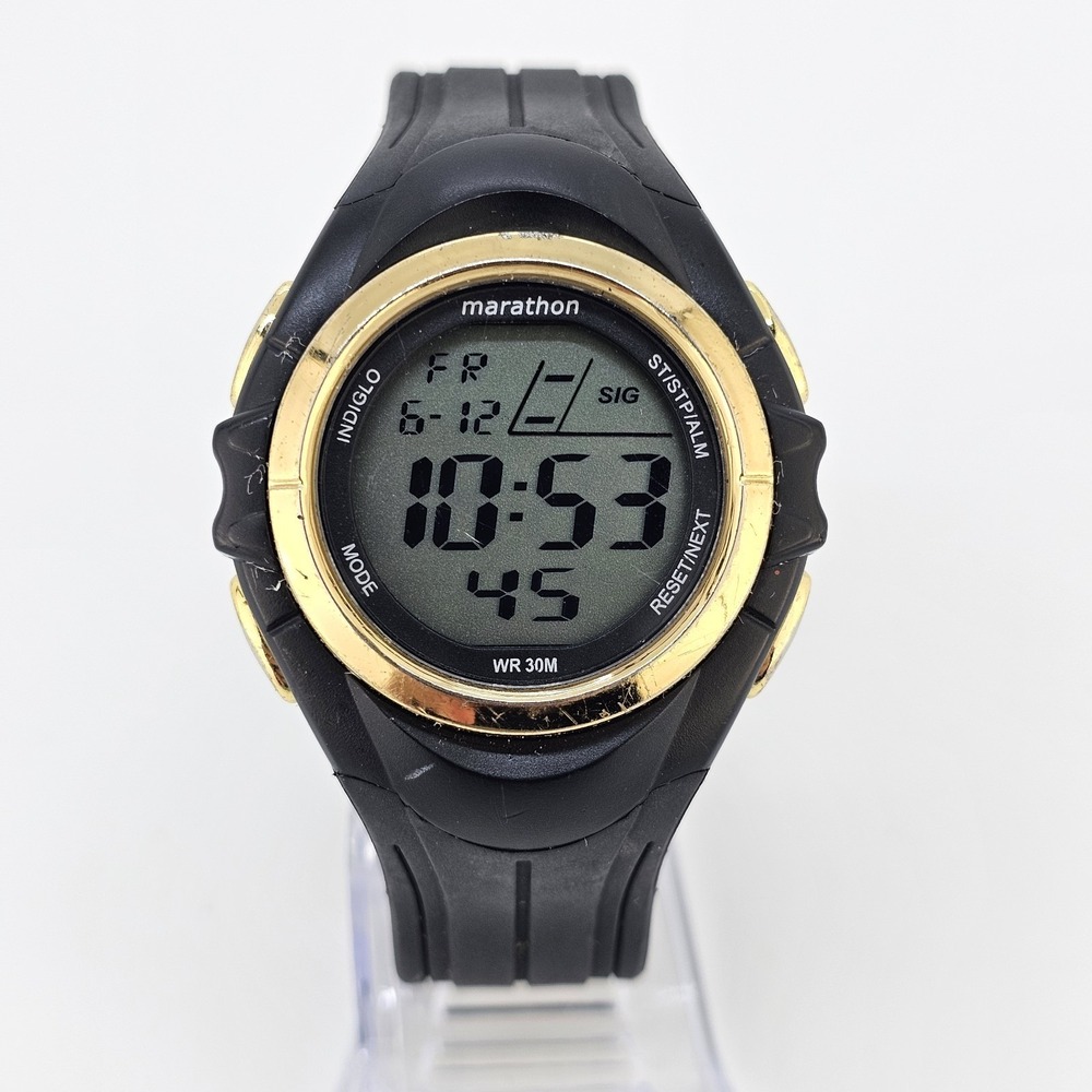 Marathon Unisex Digital Sports Watch 42MM Gold Bezel Black Plastic Bands Working
